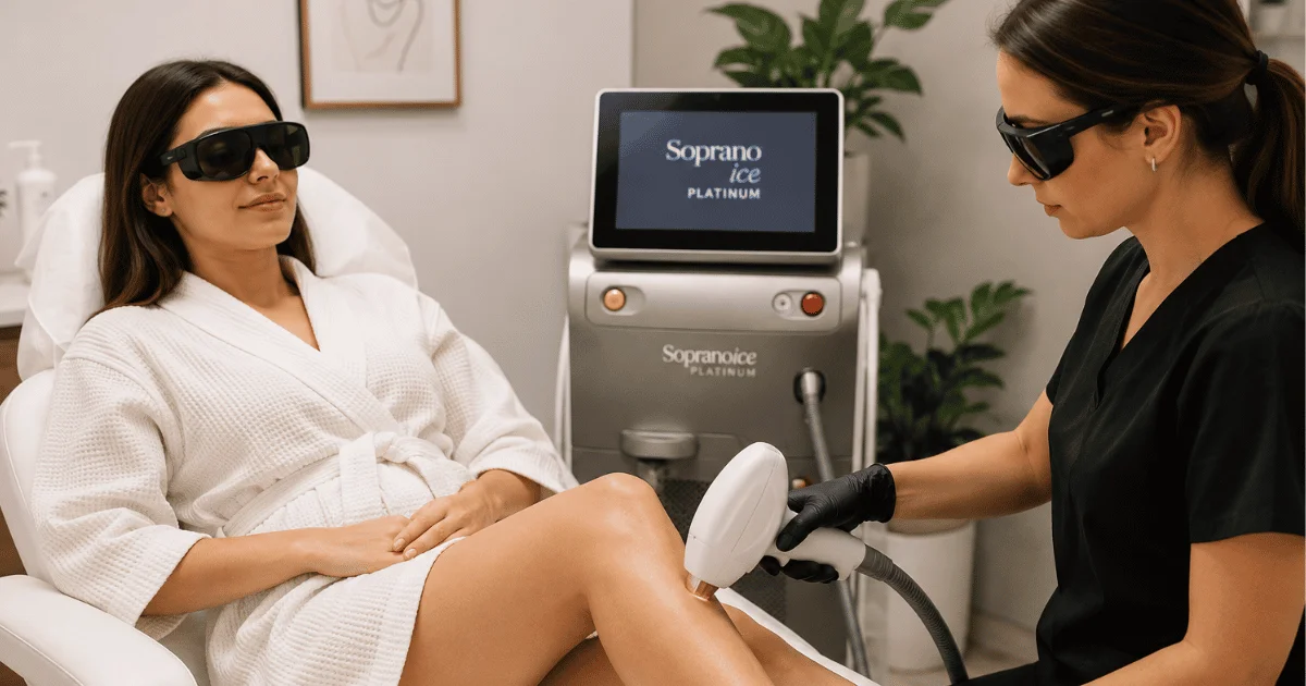 Client receiving laser hair removal treatment for long-term hair reduction